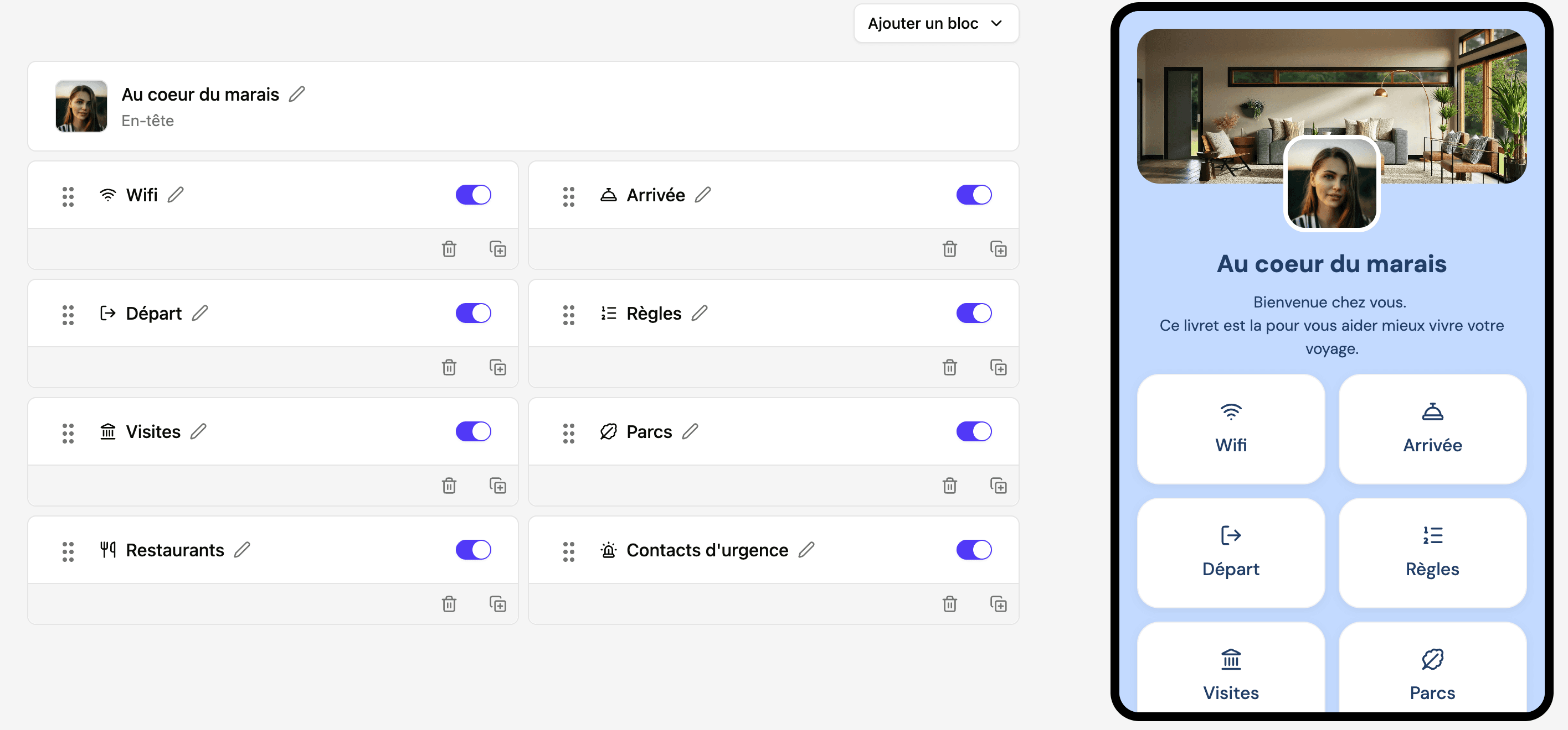 Interface de gestion du contenu d'un livret digital